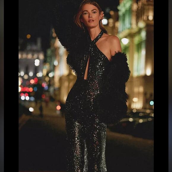 Anthropologie Maeve Sequin Halter Jumpsuit Black Silver Size 6 Sexy Clubwear - Picture 1 of 7